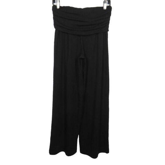 OGL Black Soft Stretchy Wool Blend Shirred Fold Over Waist Wide Leg Pants SMALL - Picture 5 of 10